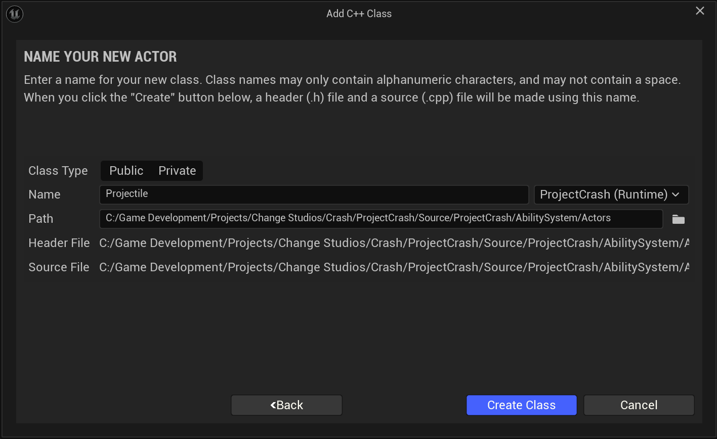 Projectile class wizard