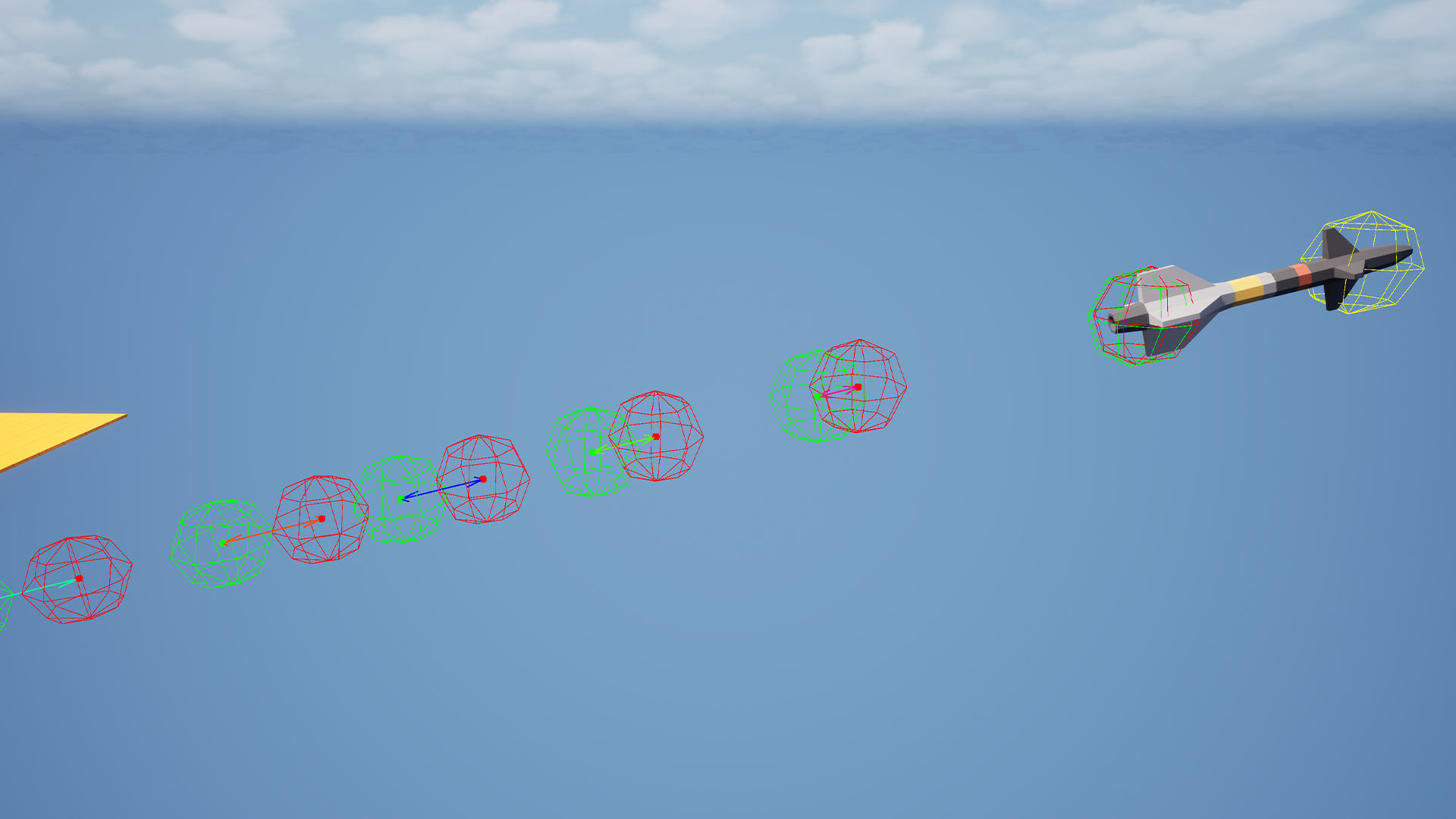 Debug draws showing projectile synchronization over time